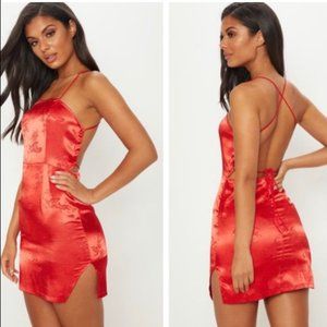PLT RED SATIN LACE UP BODYCON DRESS (XS)
